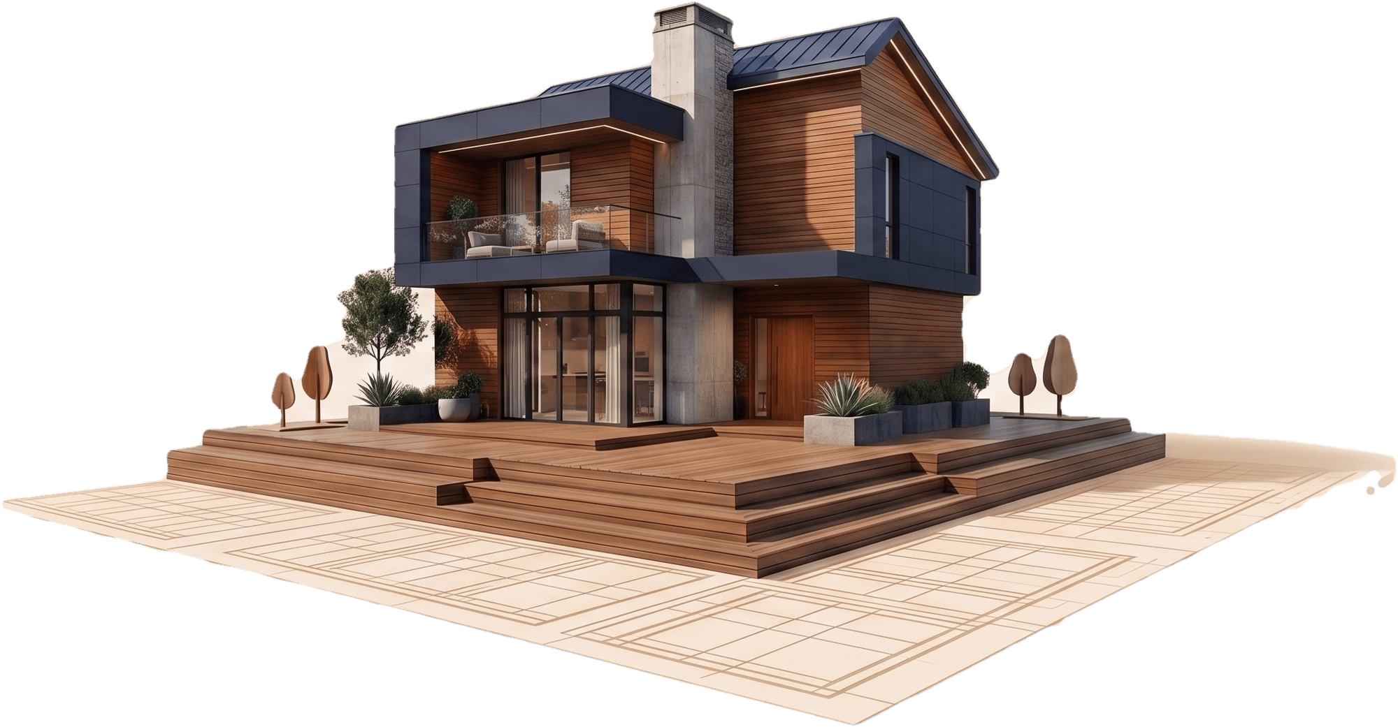 Maqueta 3D de una casa moderna de dos plantas apoyada sobre su plano
